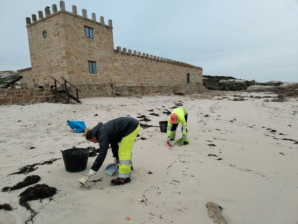 Trabajos de recogida de pellets ayer por personal de la Xunta en la isla de Sálvora, del Parque Nacional