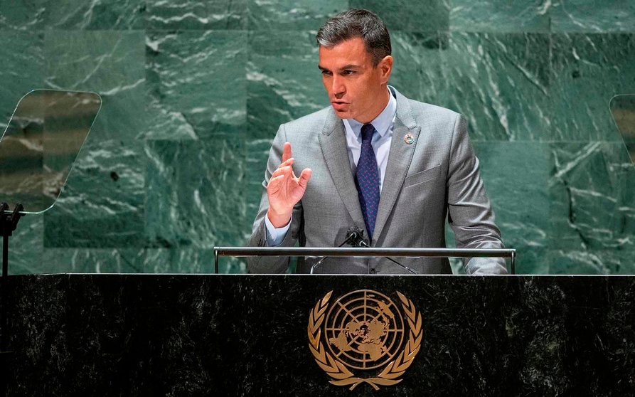 New York (United States), 22/09/2021.- Spain's Prime Minister Pedro Sanchez addresses the 76th Session of the UN General Assembly in New York City, New York, USA, 22 September 2021. (España, Estados Unidos, Nueva York) EFE/EPA/EDUARDO MUNOZ / POOL
