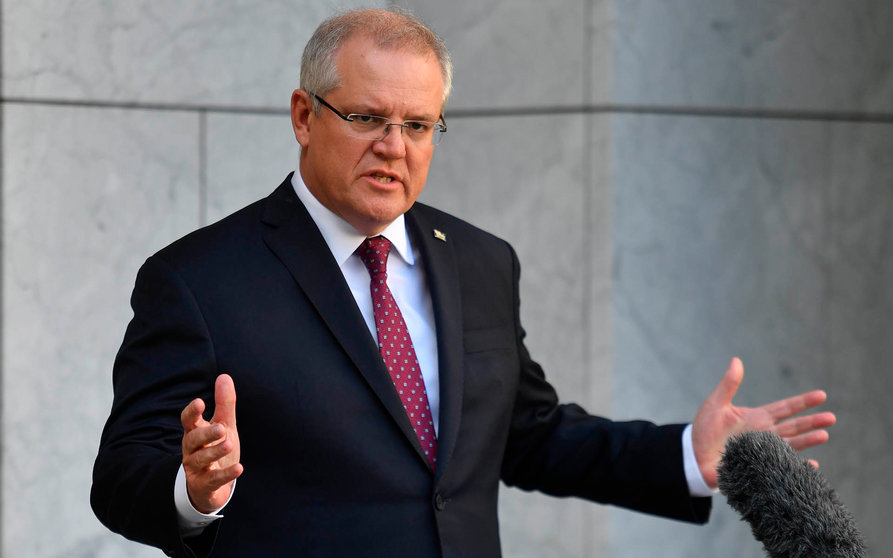 El primer ministro australiano, Scott Morrison, en una comparencia ante la prensa, este viernes en Canberra. EFE/EPA/MICK TSIKAS
