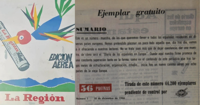 Montaje con recortes del primer ejemplar de la Región Internacional enviado a los emigrantes españoles a Europa.